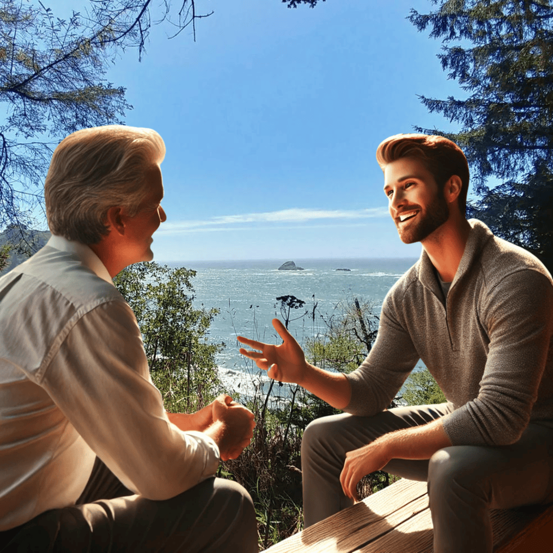 A coach and client in an inspiring conversation by the ocean, representing client success and business growth through emotional resilience.